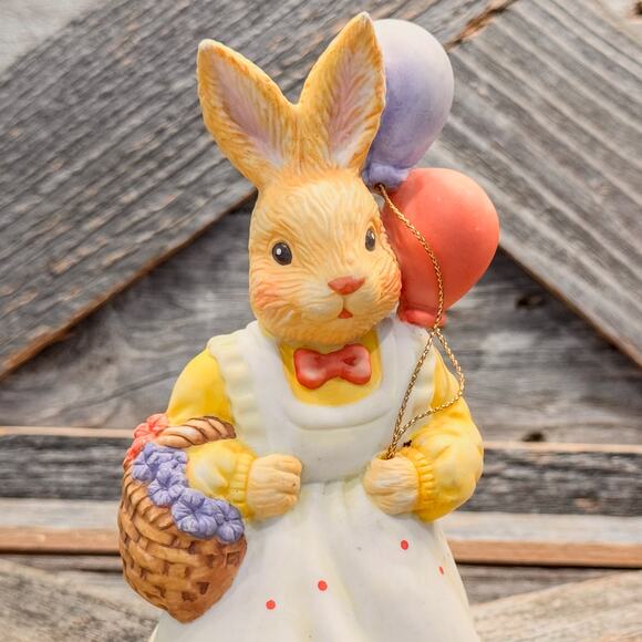 1987 Vintage Lefton-Ceramic Bisque Bunny-Balloons and Basket of a Flowers-5.5”H - Picture 1 of 8